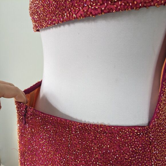 Sean Collection Prom Dress Maxi Gown Y2K Beaded Silk Shoulder Slit Sheath Pink L - Picture 9 of 14